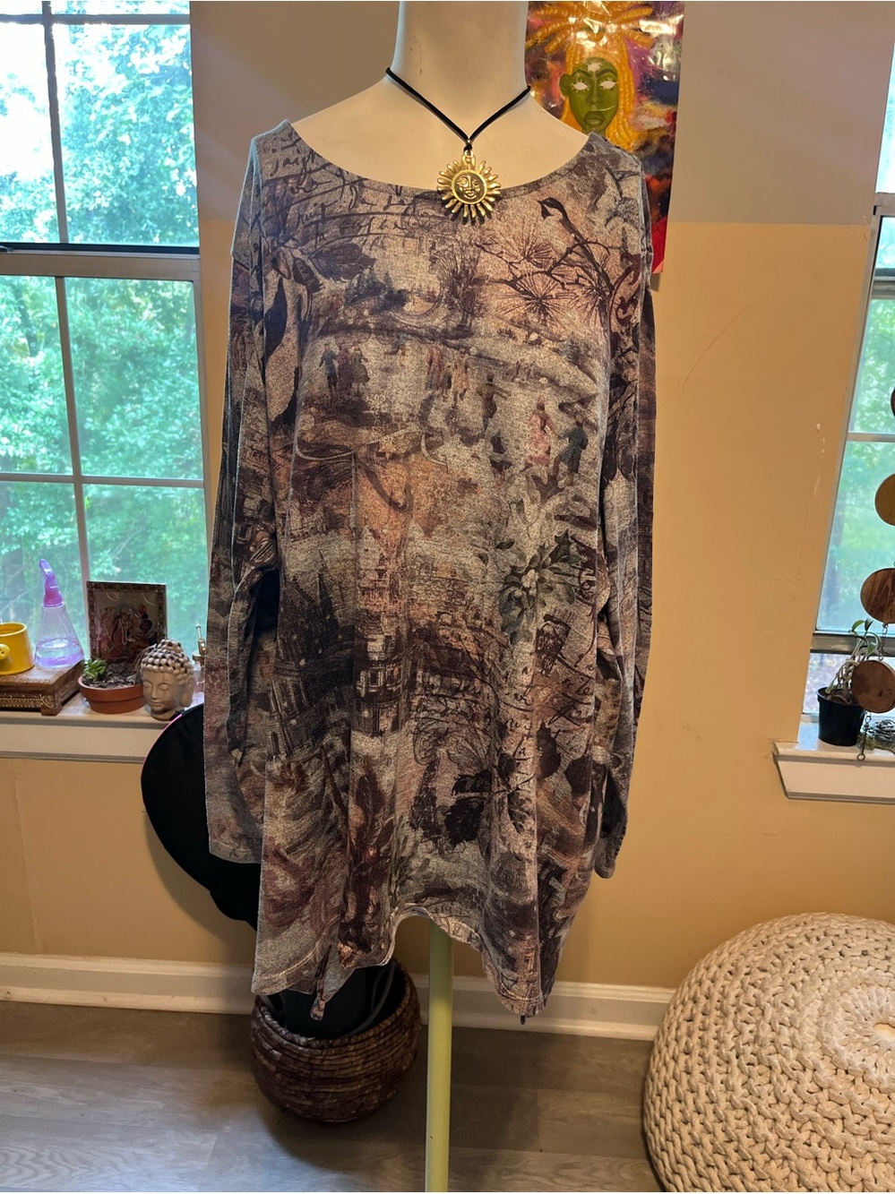 Boho Printed Long-Sleeve Women's Dress - Gray Multi Whimsy